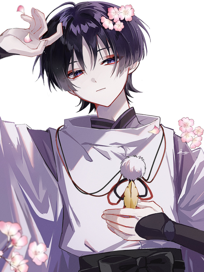 1boy absurdres arm_up armor black_bow black_hair black_ribbon black_sash blunt_ends bow branch cherry_blossoms choppy_bangs closed_mouth ego_(ego_inp) expressionless eyeshadow flower genshin_impact hair_between_eyes hair_flower hair_ornament hand_up hashtag-only_commentary highres japanese_armor japanese_clothes kimono kote kurokote long_sleeves looking_at_viewer makeup male_focus petals pink_flower pom_pom_(clothes) purple_eyes purple_kimono red_eyeshadow red_ribbon ribbon sash scaramouche_(genshin_impact) scaramouche_(kabukimono)_(genshin_impact) short_hair simple_background solo vest white_background white_vest wide_sleeves
