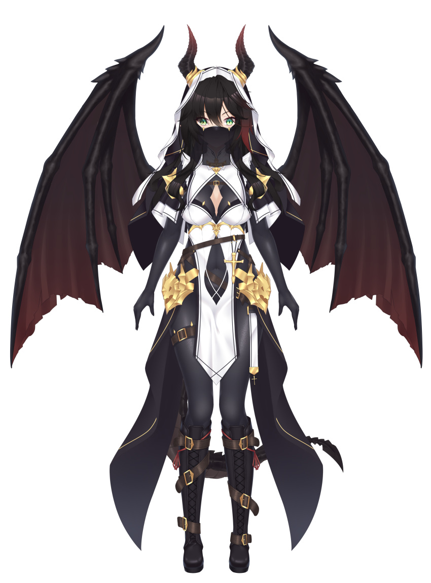 1girl absurdres arms_at_sides belt black_gloves black_hair breasts covered_navel cross cross-laced_footwear demon_girl demon_horns demon_tail demon_wings full_body gloves gradient_hair green_eyes highres horns medium_breasts mouth_veil multicolored_hair original pelvic_curtain pointy_ears red_hair sakuya_miu1186400038 slit_pupils smile solo standing straight-on tail two-tone_hair veil white_background wings