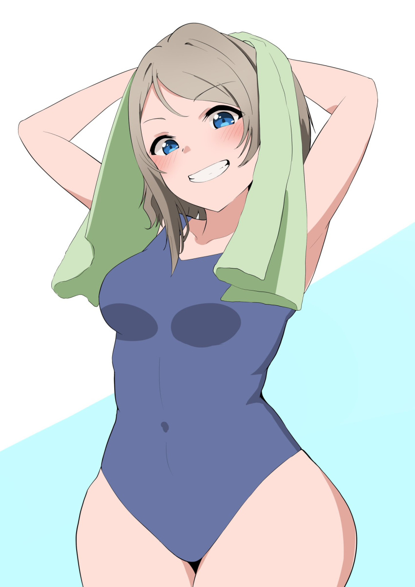 1girl blue_background blue_eyes blue_one-piece_swimsuit blush breasts brown_hair com2 drying drying_hair grey_hair highres looking_at_viewer love_live! love_live!_sunshine!! medium_breasts one-piece_swimsuit open_mouth short_hair skirt smile solo swimsuit towel towel_on_head watanabe_you white_background