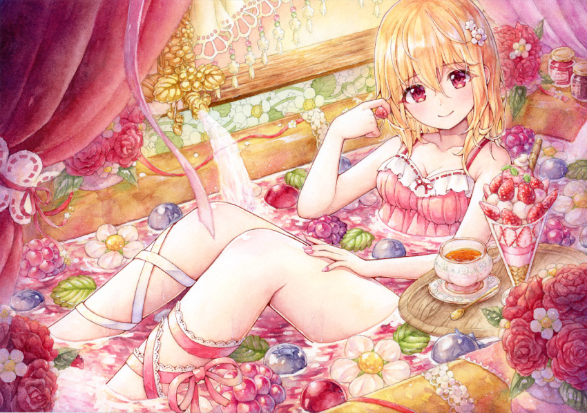 1girl bathing blonde_hair blueberry breasts camisole cleavage commentary_request cup curtains faucet feet_out_of_frame flower food fruit hair_flower hair_ornament jar lace-trimmed_ribbon lace_trim leaf leg_ribbon long_hair looking_at_viewer medium_breasts nail_polish naru_din original painting_(medium) parfait partially_submerged pink_eyes pink_nails pink_ribbon raspberry ribbon rose saucer sitting smile solo spaghetti_strap spoon strawberry tea teacup traditional_media tray wafer_stick watercolor_(medium) white_flower wooden_tray