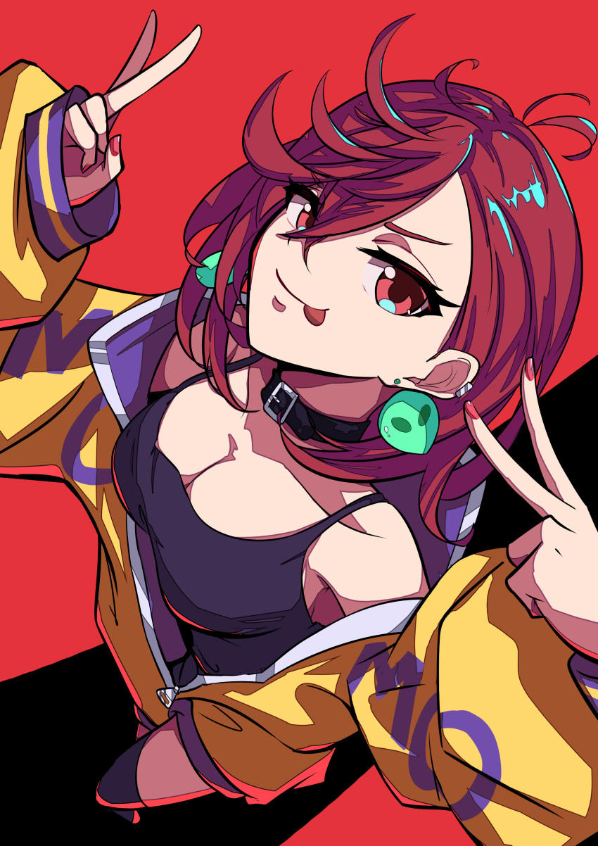 1girl absurdres ayase_momo breasts brown_eyes brown_hair choker clothes_writing dandadan earrings highres jacket jewelry karan_koron100 long_sleeves looking_at_viewer nail_polish open_clothes open_jacket smile smirk stud_earrings tongue tongue_out v yellow_jacket