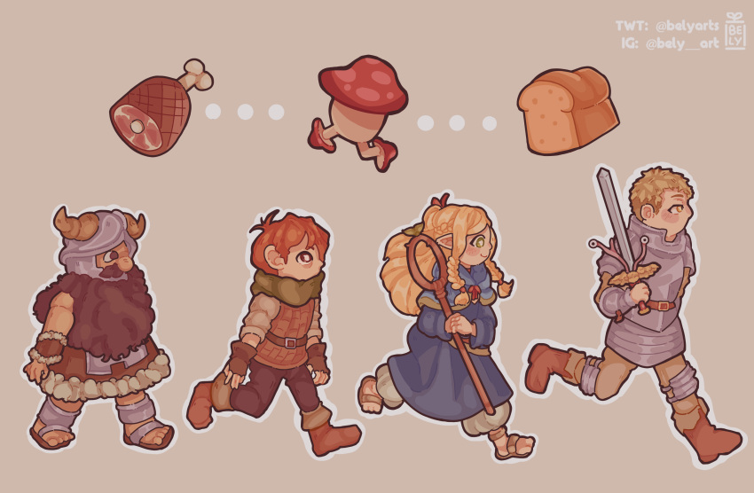 1girl 3boys armor be-ly beard bread brown_hair chilchuck_tims dungeon_meshi dwarf elf facial_hair fake_horns food from_side full_body helmet highres horned_helmet horns laios_touden loading_screen loaf_of_bread long_beard marcille_donato meat multiple_boys plate_armor pointy_ears senshi_(dungeon_meshi) thick_mustache very_long_beard walking walking_mushroom_(dungeon_meshi)