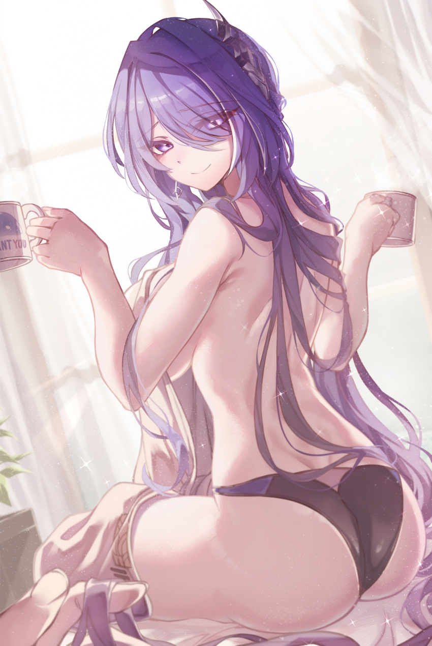 1girl absurdres acheron_(honkai:_star_rail) ass back black_panties breasts cup curtains hair_ornament hair_over_one_eye highres honkai:_star_rail honkai_(series) large_breasts long_hair looking_at_viewer looking_back mug multicolored_hair panties purple_eyes purple_hair ru_251 smile solo_focus streaked_hair thighs topless underwear