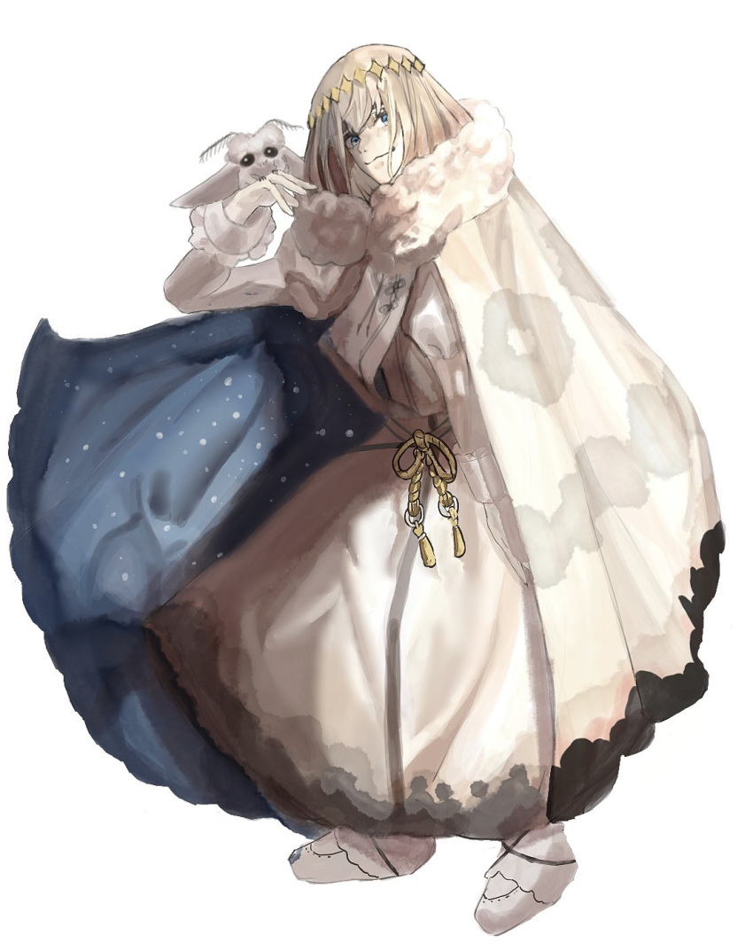1boy blanca_(fate) blue_cloak blue_eyes bug cape cloak crown diamond_hairband fate/grand_order fate_(series) fur-trimmed_cape fur-trimmed_cloak fur_trim grey_hair highres insect_on_finger long_sleeves looking_at_viewer male_focus moth no_wings oberon_(fate) shirt short_hair simple_background smile user_gkxj2284 white_background white_cloak white_shirt
