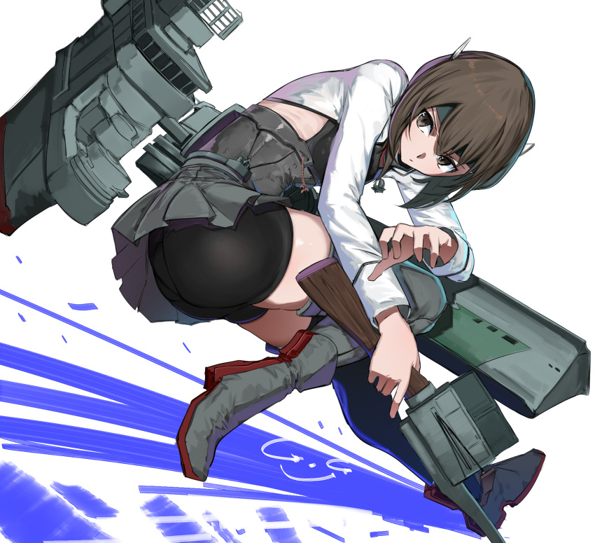 1girl ass bike_shorts bike_shorts_under_skirt blush brown_eyes brown_hair crossbow flat_chest flight_deck gegeron hair_between_eyes hakama hakama_short_skirt hakama_skirt headband headgear highres holding holding_crossbow holding_weapon japanese_clothes kantai_collection long_sleeves looking_at_viewer machinery pleated_skirt repeating_crossbow short_hair signature skirt solo taihou_(kancolle) thighhighs weapon white_background