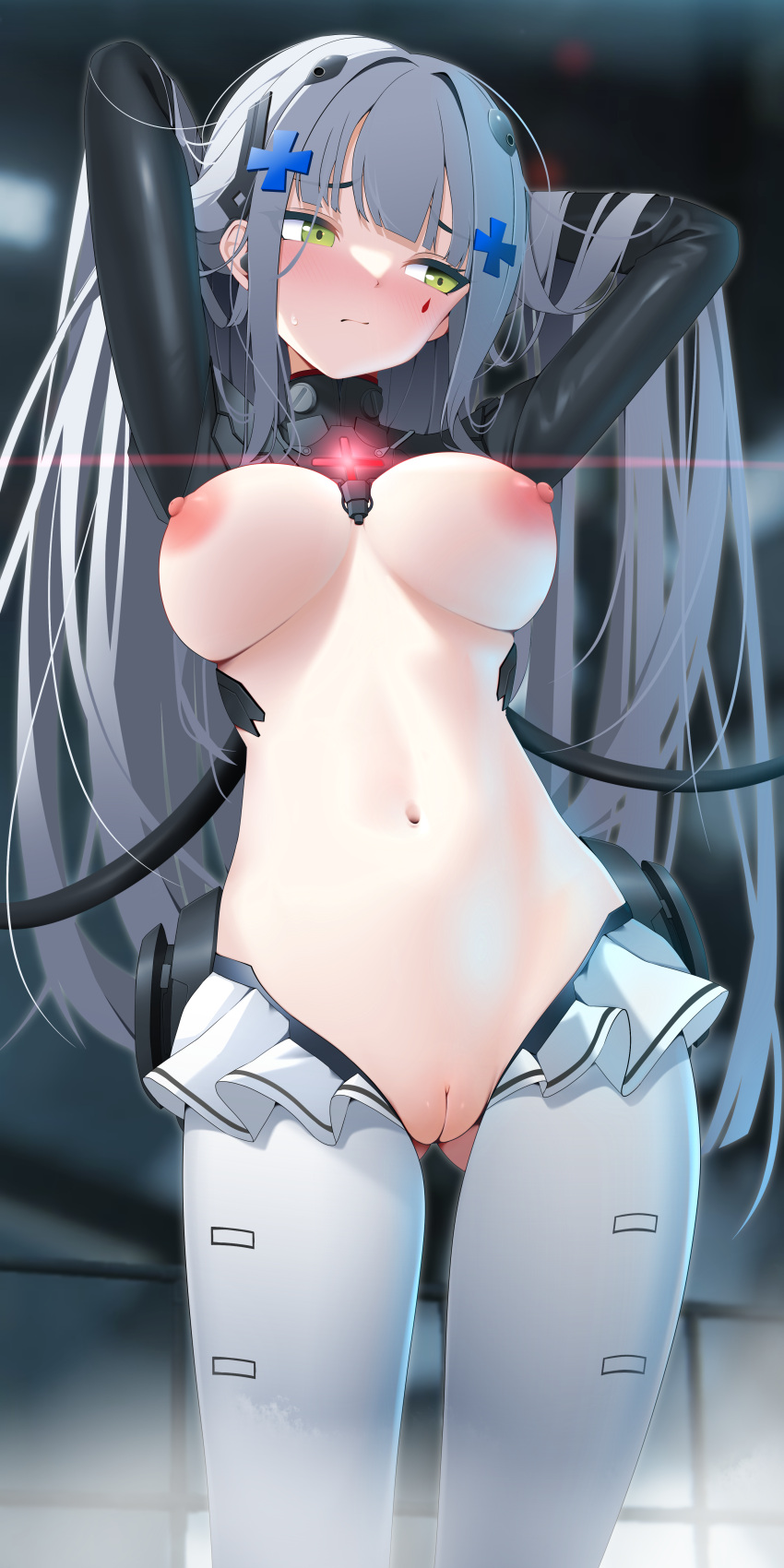 1girl absurdres arms_behind_head blush breasts breasts_apart cowboy_shot cross embarrassed from_below frown girls'_frontline green_eyes hair_ornament hairclip headgear highres hip_focus hk416_(girls'_frontline) iron_cross large_breasts long_hair looking_to_the_side medium_breasts navel nipples nude pussy solo stomach thighs uncensored very_long_hair white_hair z.taiga