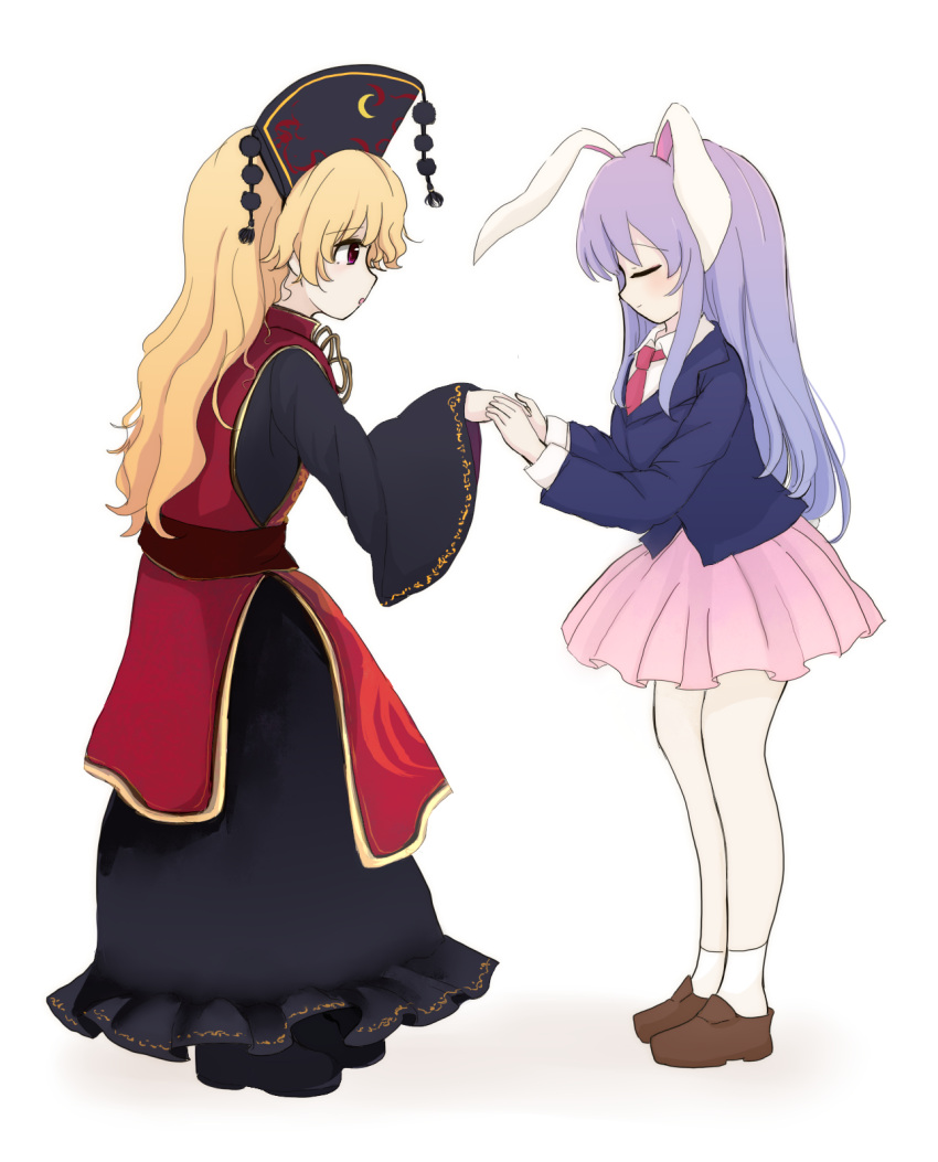 animal_ears blazer blonde_hair chinese_clothes closed_eyes closed_mouth commission highres holding_hands jacket junko_(touhou) light_blush long_hair necktie phoenix_crown pixiv_commission red_necktie red_tabard rei_(tonbo0430) reisen_udongein_inaba shirt shoes socks tabard touhou white_background white_shirt white_socks