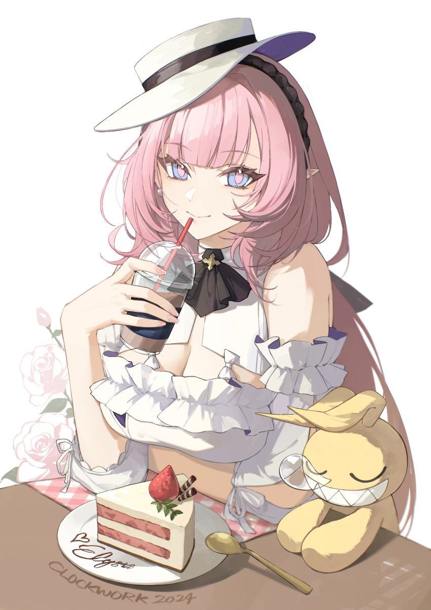 1girl absurdres arm_under_breasts blue_eyes breasts cake cleavage cup dated drinking_straw elysia_(honkai_impact) food highres holding holding_cup honkai_(series) honkai_impact_3rd large_breasts long_hair looking_at_viewer pink_hair pink_pupils pointy_ears simple_background smile solo strawberry_shortcake table tutou_jiang white_background white_hat