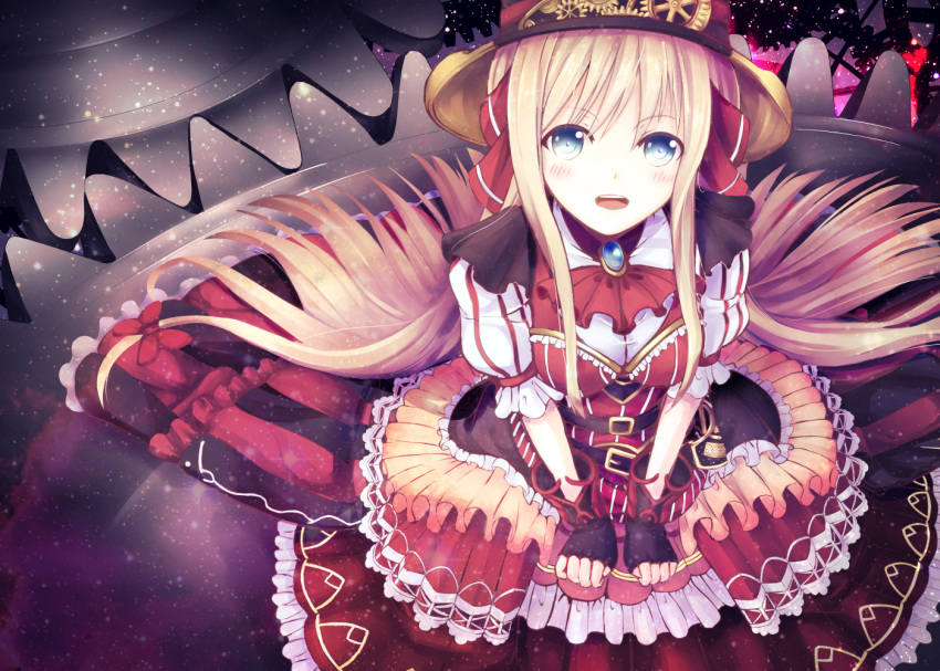 amulet ascot blonde_hair blue_eyes blush bodice bow brown_gloves buckle coffee1223 fingerless_gloves frilled_skirt frilled_sleeves frills from_above gears gloves hair_bow hair_ribbon hat light_blush long_hair looking_up mahou_tsukai_to_kuroneko_no_wiz on_floor open_mouth overskirt red_ascot red_bodice red_overskirt red_skirt ribbon skirt smile steampunk striped_clothes striped_skirt striped_sleeves top_hat very_long_hair white_sleeves yukka_ende