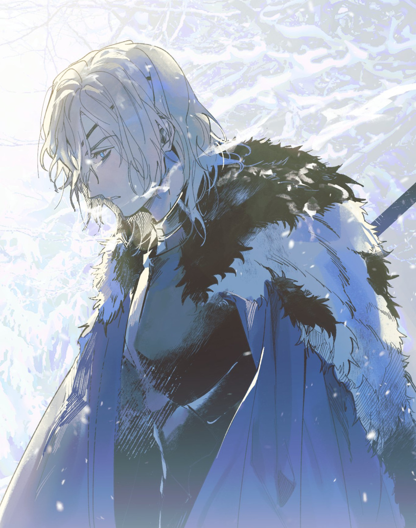 1boy armor blonde_hair blue_cape blue_eyes breastplate cape commentary dimitri_alexandre_blaiddyd energy eyepatch fire_emblem fire_emblem:_three_houses from_side fur-trimmed_cape fur_trim highres horu97 looking_ahead male_focus parted_lips profile serious short_hair snowing solo symbol-only_commentary upper_body