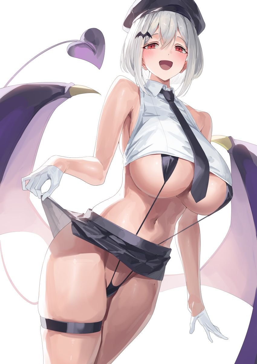 1girl absurdres beret black_hat black_skirt blush breasts cleavage crop_top demon_girl demon_tail demon_wings gloves grey_hair half_gloves hat highres huge_breasts looking_at_viewer miniskirt navel open_mouth original red_eyes shirt short_hair skirt sleeveless sleeveless_shirt slingshot_swimsuit smile solo swimsuit tail thigh_strap thighs underboob white_gloves white_shirt wings yamanokami_eaka