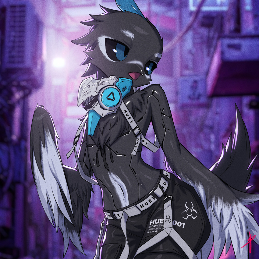 2023 absurd_res air_conditioner anthro avian beak belt bird black_sclera blaedic blue_eyes blurred_background character_name cheek_tuft chest_tuft clothed clothing cybernetics cyborg detailed_background facial_tuft feathered_crest feathered_wings feathers front_view girly grainy head_crest hi_res huey_(gagaga_ram) looking_away machine male male_anthro mask medical_instrument open_beak open_mouth outside oxygen_mask portrait scientific_instrument shorts_only solo tail tail_feathers three-quarter_portrait topless tuft wings