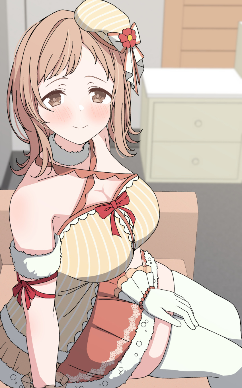 1girl arimon_(dfrgty12) bare_shoulders beret blush breasts brown_hair cleavage feet_out_of_frame fur-trimmed_skirt fur_armlet fur_choker fur_trim gloves hat highres idolmaster idolmaster_shiny_colors indoors large_breasts looking_at_viewer mini_hat orange_skirt sakuragi_mano shirt sitting skirt smile solo striped_clothes striped_headwear thighhighs tilted_headwear white_gloves white_thighhighs yellow_shirt