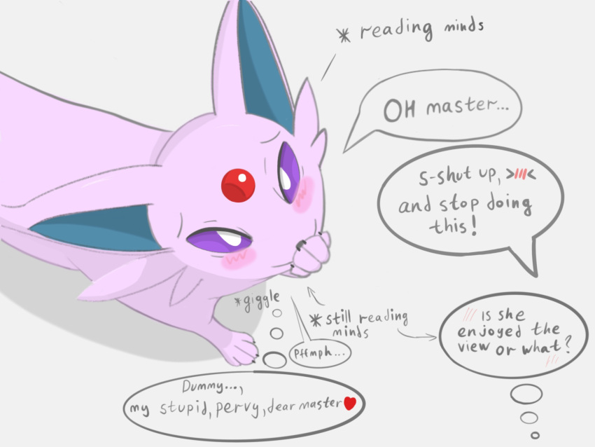 dialogue duo eeveelution espeon female feral generation_2_pokemon hi_res humor male male/female nintendo pokemon pokemon_(species) simple_background soul_healer speech_bubble text