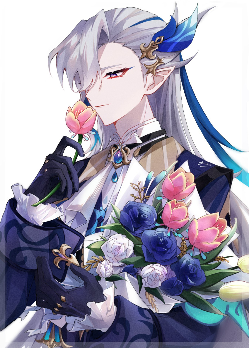 1boy ascot asymmetrical_bangs blue_coat blue_eyeliner blue_flower blue_gemstone blue_gloves blue_hair blue_rose border bouquet brooch closed_mouth coat commentary_request ego_(ego_inp) eyeliner flower frilled_sleeves frills gem genshin_impact gloves hair_between_eyes hair_ornament hand_up highres holding holding_bouquet holding_flower jewelry long_hair long_sleeves looking_down makeup male_focus multicolored_hair neuvillette_(genshin_impact) parted_bangs pink_flower pointy_ears purple_eyes rainbow_rose_(genshin_impact) rose simple_background sleeve_cuffs smelling_flower smile solo streaked_hair transparent_border upper_body white_ascot white_background white_flower white_hair white_rose