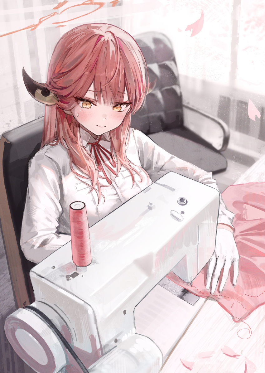 1girl aru_(blue_archive) blue_archive blush chair closed_mouth collared_shirt demon_horns gloves halo hidulume highres horns indoors long_hair looking_at_object neck_ribbon on_chair pink_hair red_ribbon ribbon sewing sewing_machine shirt sitting solo spool sweat white_gloves white_shirt yellow_eyes