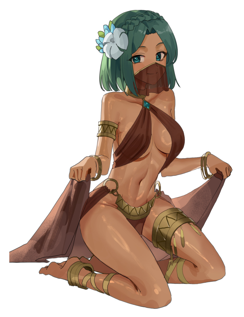 1girl anklet armlet bangle bare_shoulders barefoot black_survival bracelet braid breasts closed_mouth collar dancer dark-skinned_female dark_skin eternal_return:_black_survival flower french_braid goback green_eyes green_hair hair_flower hair_ornament highres jewelry kneeling looking_at_viewer medium_breasts midriff mouth_veil navel no_panties parted_bangs pelvic_curtain priya_(black_survival) revealing_clothes see-through short_hair smile solo stomach thighlet thighs veil