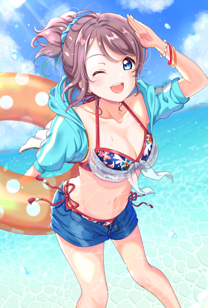 1girl blue_eyes blush breasts brown_hair highres iroenpitsu_xxx looking_at_viewer love_live! love_live!_sunshine!! ocean ponytail short_hair simple_background sky smile solo swimsuit thighs watanabe_you water wavy_hair