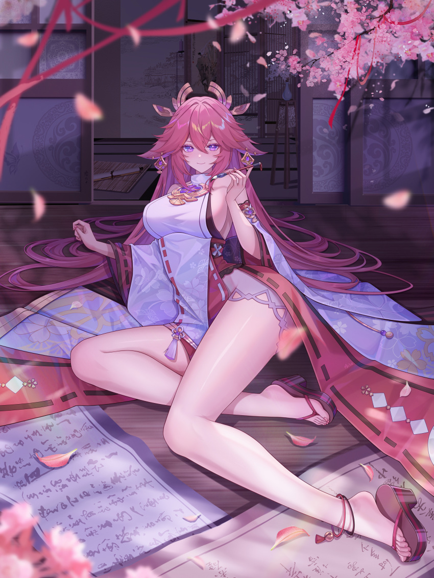 1girl absurdres animal_ears bare_shoulders blush breasts cherry_blossoms detached_sleeves earrings floppy_ears fox fox_ears fox_shadow_puppet genshin_impact hair_between_eyes hair_ornament highres japanese_clothes jewelry juuhachi_kin_(anthonyy1821) large_breasts long_hair looking_at_viewer low-braided_long_hair low-tied_long_hair nontraditional_miko pink_fur pink_hair purple_eyes smile solo thighs very_long_hair wide_sleeves yae_miko