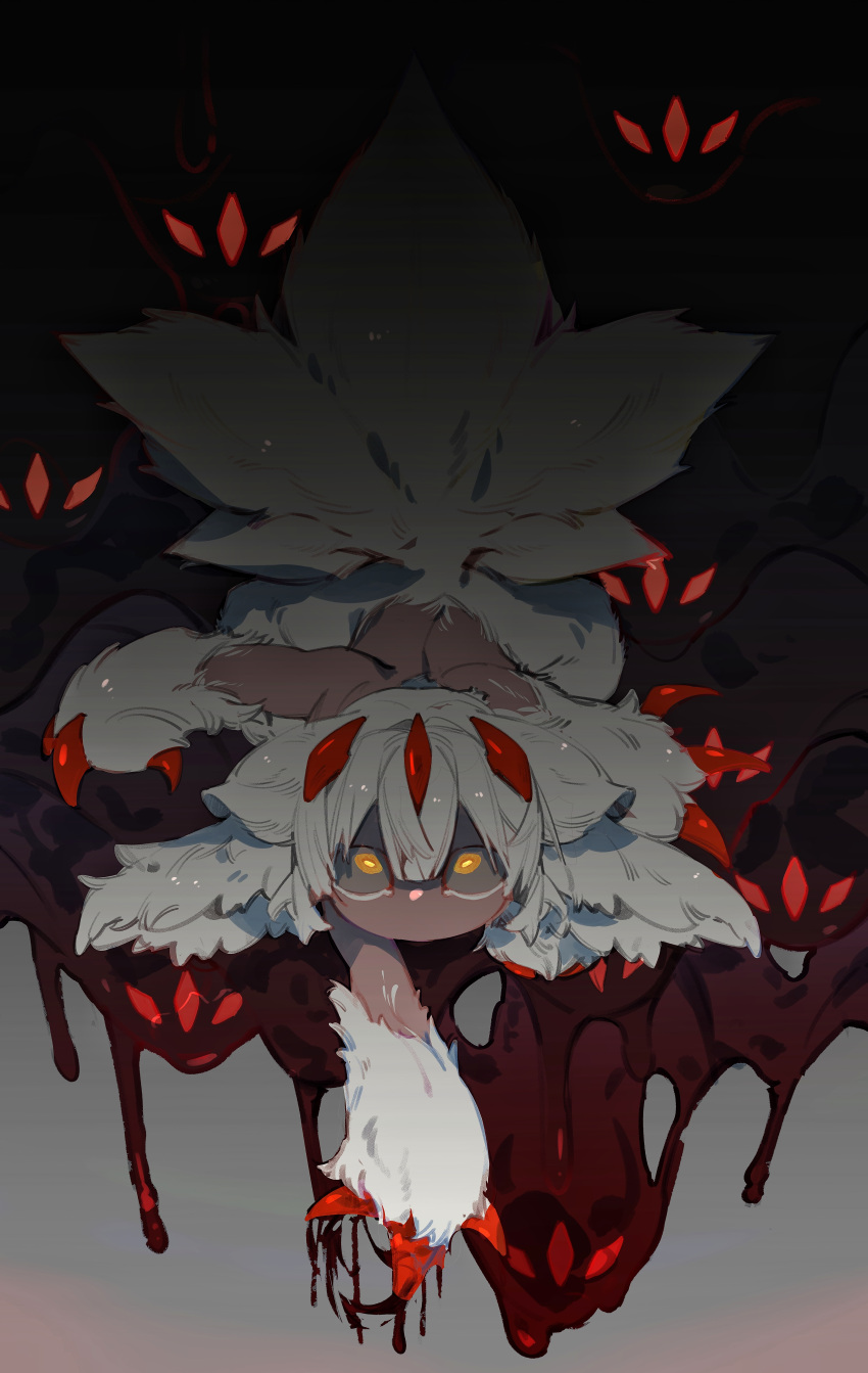 1girl absurdres blood blood_on_face body_fur bright_pupils claws constricted_pupils crawling double-parted_bangs extra_arms eyes_in_shadow faputa fewer_digits from_above full_body grey_background highres horns irumyuui's_children looking_at_viewer lying made_in_abyss mafuin_da monster_girl multiple_horns multiple_tails no_mouth on_stomach red_horns short_hair tail white_fur white_hair yellow_eyes yellow_pupils