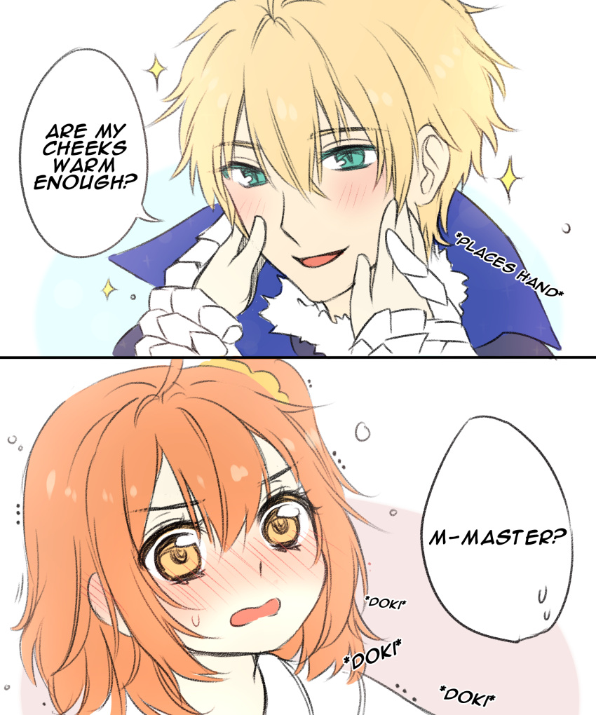 1boy 1girl absurdres aqua_eyes arthur_pendragon_(fate) blonde_hair blue_cape blush cape english_text fate/grand_order fate_(series) fujimaru_ritsuka_(female) fur_trim gauntlets highres one_side_up open_mouth orange_eyes orange_hair short_hair simple_background smile speech_bubble white_background yumyum