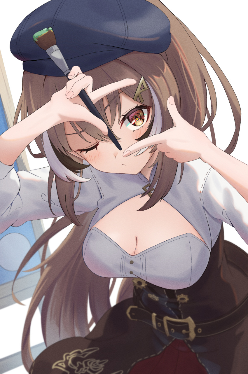 1girl beret black_hair blush breasts brown_hair brown_skirt chahanramen cleavage cleavage_cutout closed_mouth clothing_cutout english_commentary finger_frame hair_between_eyes hair_ornament hairpin hat high-waist_skirt highres holding holding_paintbrush hololive hololive_english long_hair looking_at_viewer medium_breasts multicolored_hair nanashi_mumei nanashi_mumei_(1st_costume) one_eye_closed paintbrush ponytail puckered_lips puffy_sleeves shirt simple_background skirt solo streaked_hair virtual_youtuber white_background white_hair white_shirt yellow_eyes