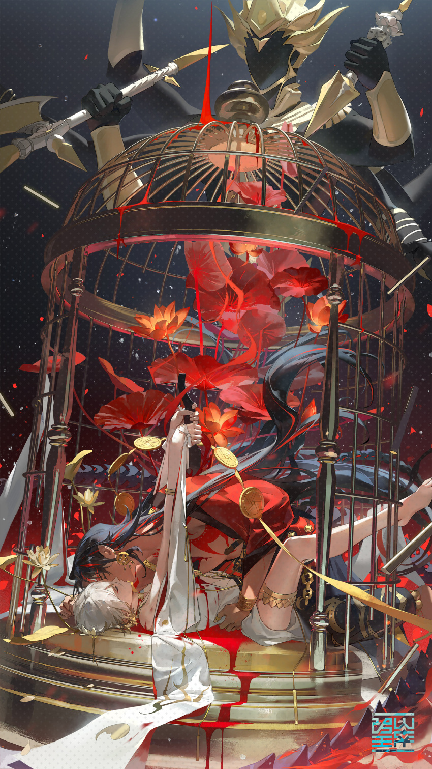2boys absurdres asura_(onmyoji) bare_shoulders birdcage black_hair blood blood_drip blood_on_clothes blood_on_ground cage chest_tattoo closed_mouth earrings feet_out_of_frame floating_hair flower hand_on_another's_waist highres holding holding_sword holding_weapon impaled jacket jewelry kiss knee_up leaning_on_person long_hair lotus lotus_leaf lying male_focus multiple_boys on_back onmyoji open_clothes open_jacket pointy_ears red_flower red_jacket short_hair sword taishakuten_(onmyoji) tan tattoo thigh_ring very_long_hair wangan weapon white_hair yaoi