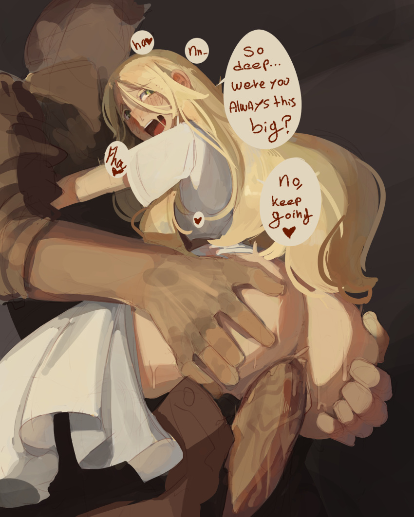 1boy 1girl ass_grab blonde_hair blush commentary dress english_commentary english_text freckles hair_between_eyes hetero highres indoors long_hair open_mouth original sex short_sleeves speech_bubble standing standing_sex sushoartworks suspended_congress sweat white_dress