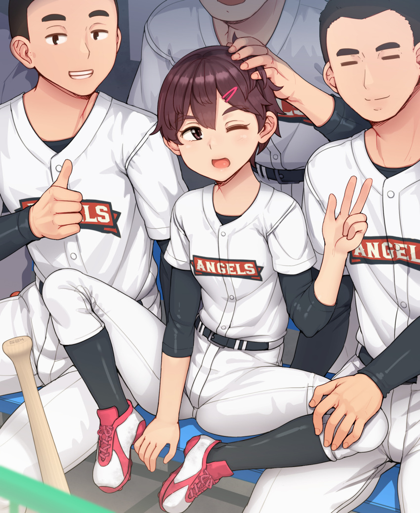 1girl 3boys abubu baseball_bat baseball_uniform belt black_hair breasts brown_eyes brown_hair child closed_eyes closed_mouth commentary_request english_commentary grin hair_ornament hairclip hand_on_another's_head hand_on_another's_thigh highres looking_at_viewer multiple_boys one_eye_closed open_mouth original shoes short_hair short_sleeves sitting small_breasts smile sportswear spread_legs thumbs_up tomboy v very_short_hair
