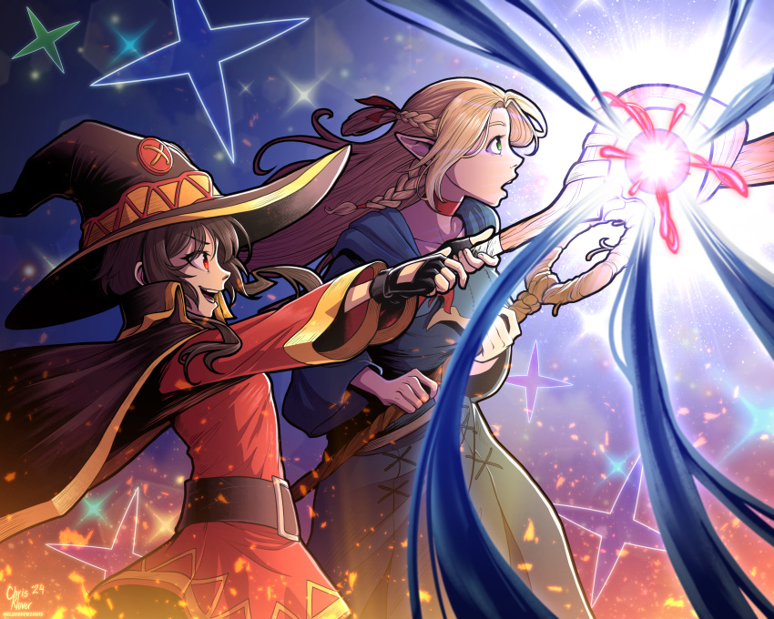 2girls absurdres artist_name belt black_cape black_gloves black_hair blonde_hair blue_dress braid cape choker dress dungeon_meshi elf fingerless_gloves gloves green_eyes hat highres holding holding_staff kluverdesigns kono_subarashii_sekai_ni_shukufuku_wo! mage_staff magic marcille_donato megumin multiple_braids multiple_girls open_mouth pointy_ears profile red_choker red_dress red_eyes smile staff standing twitter_username witch_hat