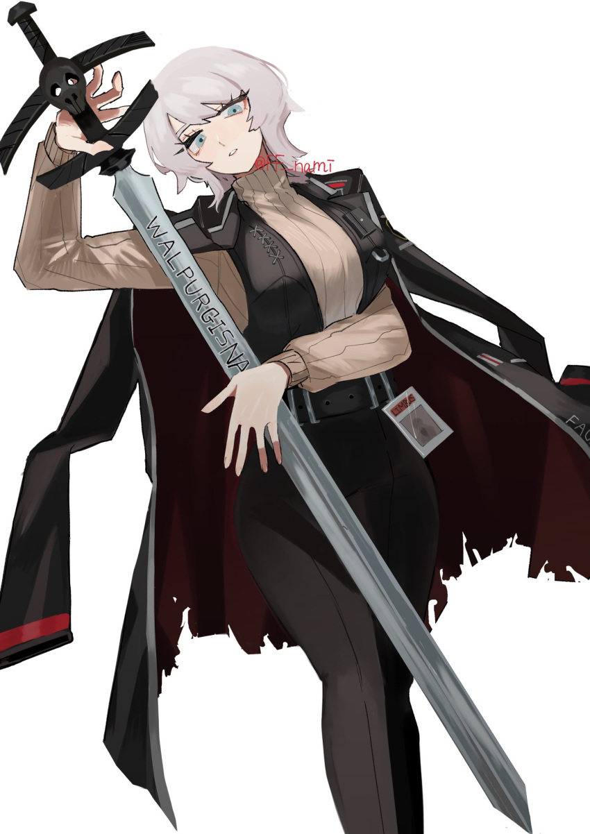 1girl black_coat black_pants black_vest blue_eyes brown_sweater coat coat_on_shoulders faust_(project_moon) feet_out_of_frame ff_nami highres holding holding_sword holding_weapon id_card limbus_company looking_at_viewer medium_hair pants parted_lips project_moon ribbed_sweater solo sweater sword vest weapon white_hair zweihander