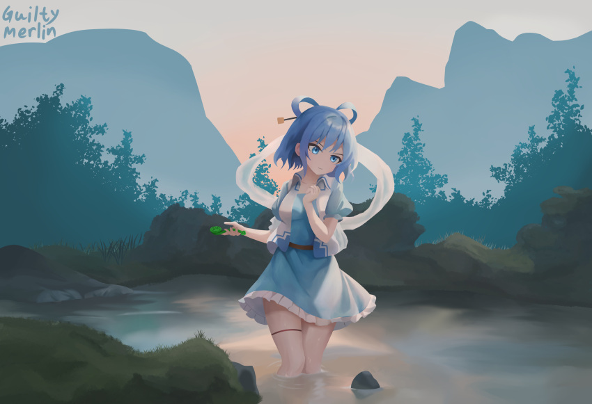 1girl ascot blue_dress blue_eyes blue_hair chisel closed_mouth dress guilty_merlin hair_ornament hair_stick highres holding kaku_seiga mountainous_horizon outdoors short_hair short_sleeves signature solo thigh_strap touhou vest wading white_vest