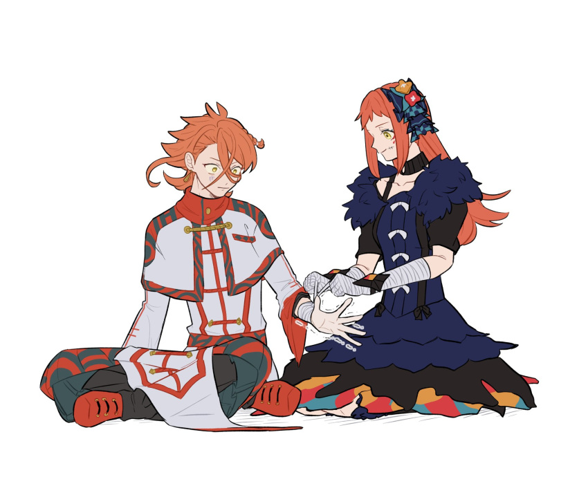 1boy 1girl aqua_eyeshadow bandaged_arm bandaged_hand bandages brother_and_sister eyeliner eyeshadow facial_mark fire_emblem fire_emblem_engage fur_sleeves green_trim hahm0106 highres makeup orange_hair pandreo_(fire_emblem) panette_(fire_emblem) red_eyeliner red_footwear red_trim robe short_bangs siblings white_robe