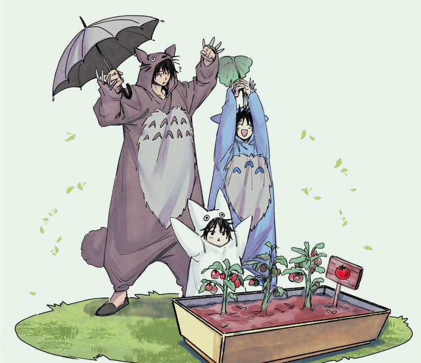 1girl 2boys ? ^_^ aged_down arms_up black_hair child closed_eyes commentary cosplay family full_body fushiguro_megumi fushiguro_touji highres holding holding_umbrella jugang140 looking_at_another looking_up megumi's_mother_(jujutsu_kaisen) multiple_boys plant potted_plant smile spiked_hair symbol-only_commentary tomato tonari_no_totoro totoro totoro_(cosplay) umbrella whiskers