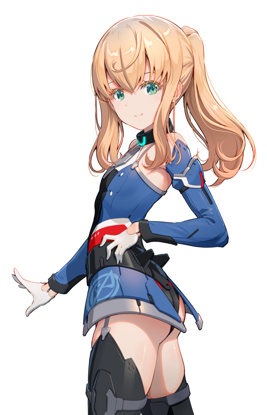 1girl alice_gear_aegis blonde_hair blue_bodysuit bodysuit closed_mouth commentary_request flat_chest gloves green_eyes hand_on_own_hip highres leotard looking_at_viewer noelle_francesca pinakes ponytail smile solo white_background white_gloves