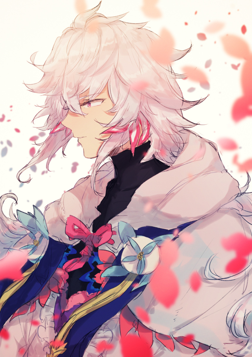 1boy blue_flower closed_mouth ebi_(6_5) falling_petals fate/grand_order fate_(series) flower from_side highres long_hair male_focus merlin_(fate) petals pink_eyes robe simple_background solo upper_body white_background white_hair white_robe