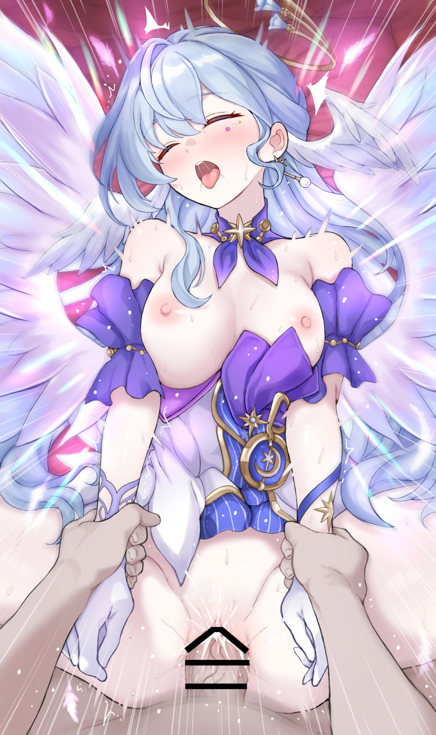 1boy 1girl absurdres bar_censor bare_shoulders blue_hair blush breasts censored closed_eyes cum cum_in_pussy daram_(shappydude) detached_sleeves earrings ejaculation facial_mark female_orgasm gloves glowing halo happy_sex head_wings hetero highres holding_another's_arm honkai:_star_rail honkai_(series) jewelry long_hair medium_breasts missionary motion_lines nipples on_bed open_mouth orgasm pillow pov pussy pussy_juice robin_(honkai:_star_rail) saliva single_earring sweat tongue tongue_out very_long_hair white_gloves wings