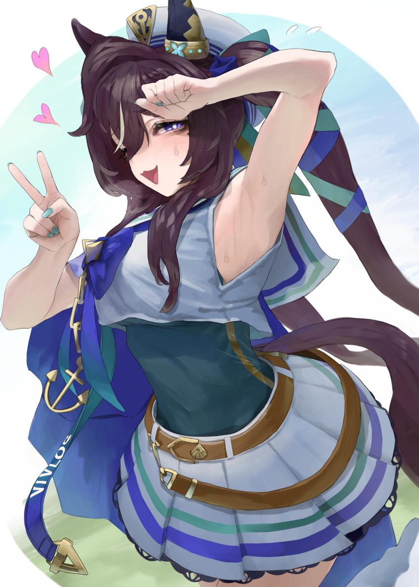 1girl :3 absurdres anchor_necklace animal_ears arm_up armpits belt blue_bow blue_bowtie blue_capelet blue_ribbon blush bow bowtie breasts brown_belt brown_hair capelet character_name commentary_request covered_navel ear_covers hair_between_eyes hair_ribbon highres horse_ears horse_girl jewelry long_hair looking_at_viewer loose_socks medium_breasts multicolored_hair necklace one_eye_closed open_mouth purple_eyes ribbon sailor_collar sailor_shirt shirt shirt_overhang sidelocks simple_background single_ear_cover skirt sleeveless sleeveless_shirt smile socks solo streaked_hair teeth tonariuta twintails umamusume vivlos_(umamusume) w white_background white_hair white_shirt white_skirt white_socks