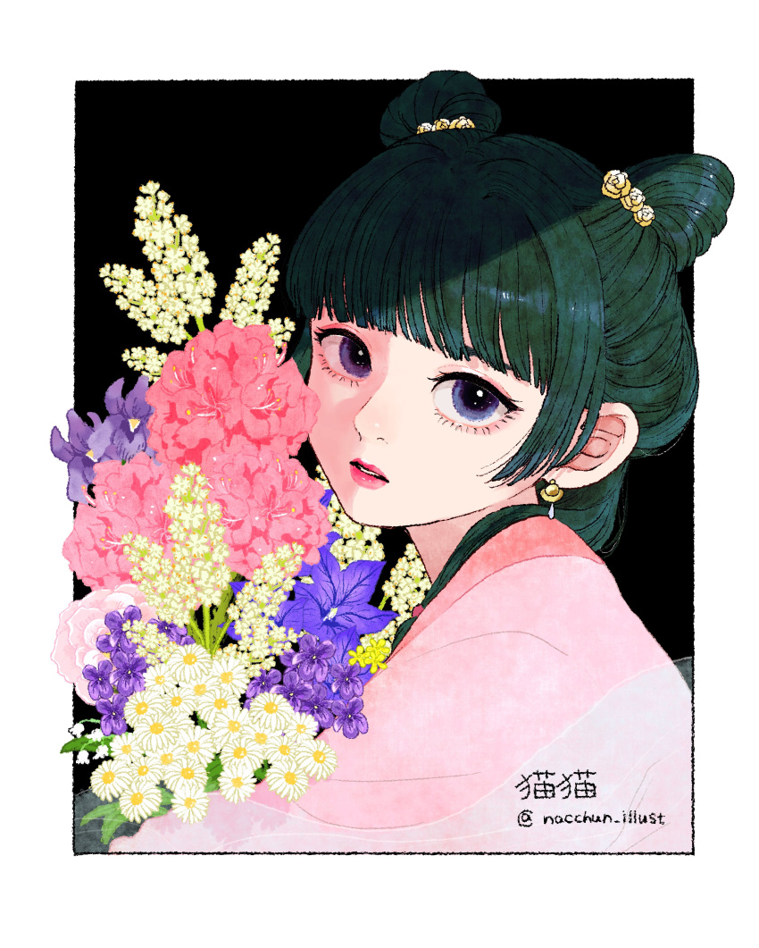 1girl absurdres blue_eyes blue_flower blush bouquet chinese_clothes double_bun earrings eyelashes flower from_side green_hair hair_bun hair_flower hair_ornament hair_over_shoulder half_updo hanfu hashtag-only_commentary highres jacket jewelry kusuriya_no_hitorigoto long_hair looking_at_viewer looking_to_the_side maomao_(kusuriya_no_hitorigoto) nacchun official_alternate_costume official_alternate_hairstyle outside_border parted_lips pink_flower pink_jacket pink_lips pink_shawl purple_flower red_flower shawl solo upper_body white_flower yellow_flower