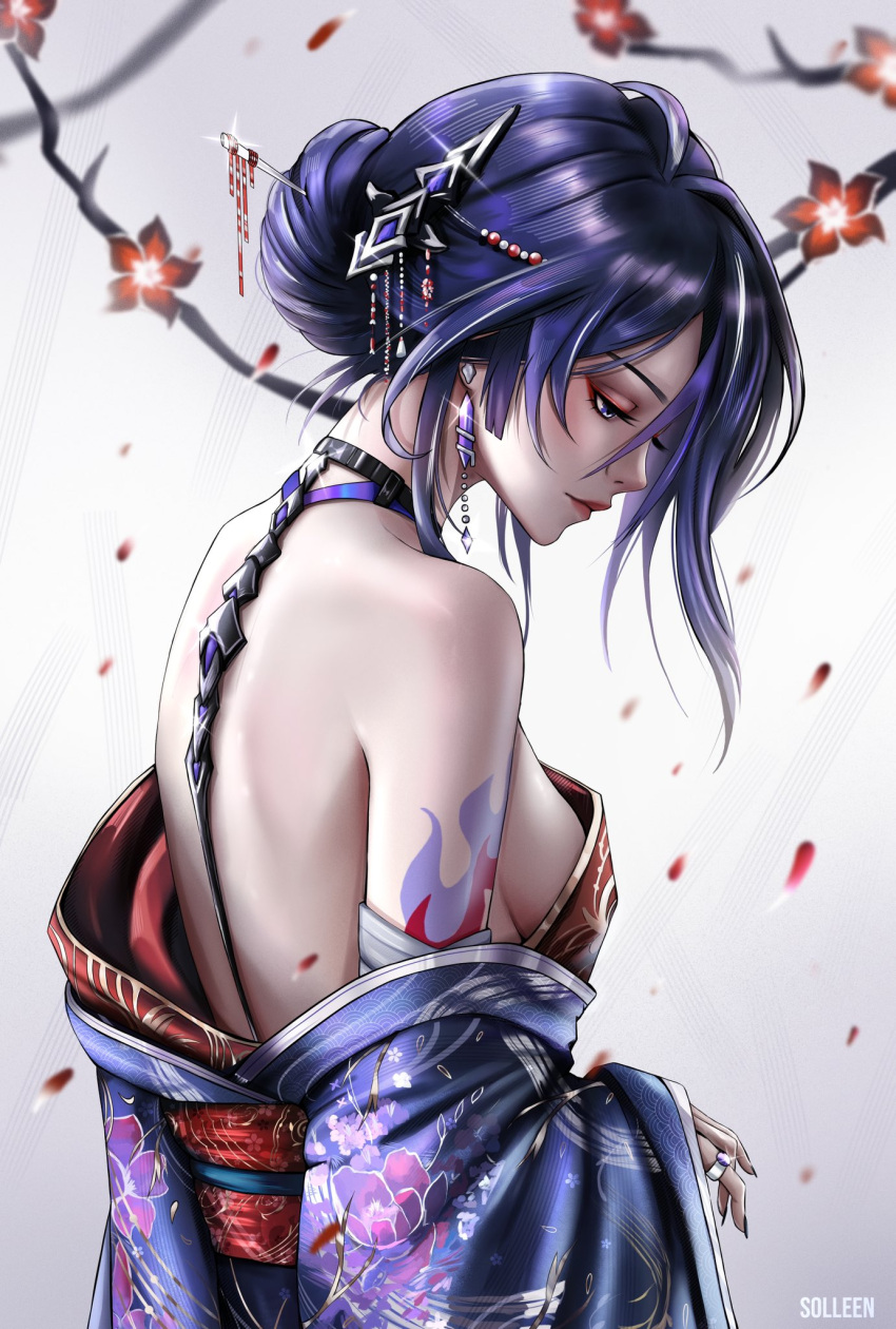 1girl acheron_(honkai:_star_rail) alternate_costume alternate_hairstyle arm_tattoo bare_back bare_shoulders breasts commentary earrings floral_print flower from_side hair_bun hair_ornament hair_stick highres honkai:_star_rail honkai_(series) japanese_clothes jewelry kimono obi off_shoulder profile purple_eyes purple_hair purple_kimono red_flower red_sash sash short_hair small_breasts solleen solo tattoo upper_body