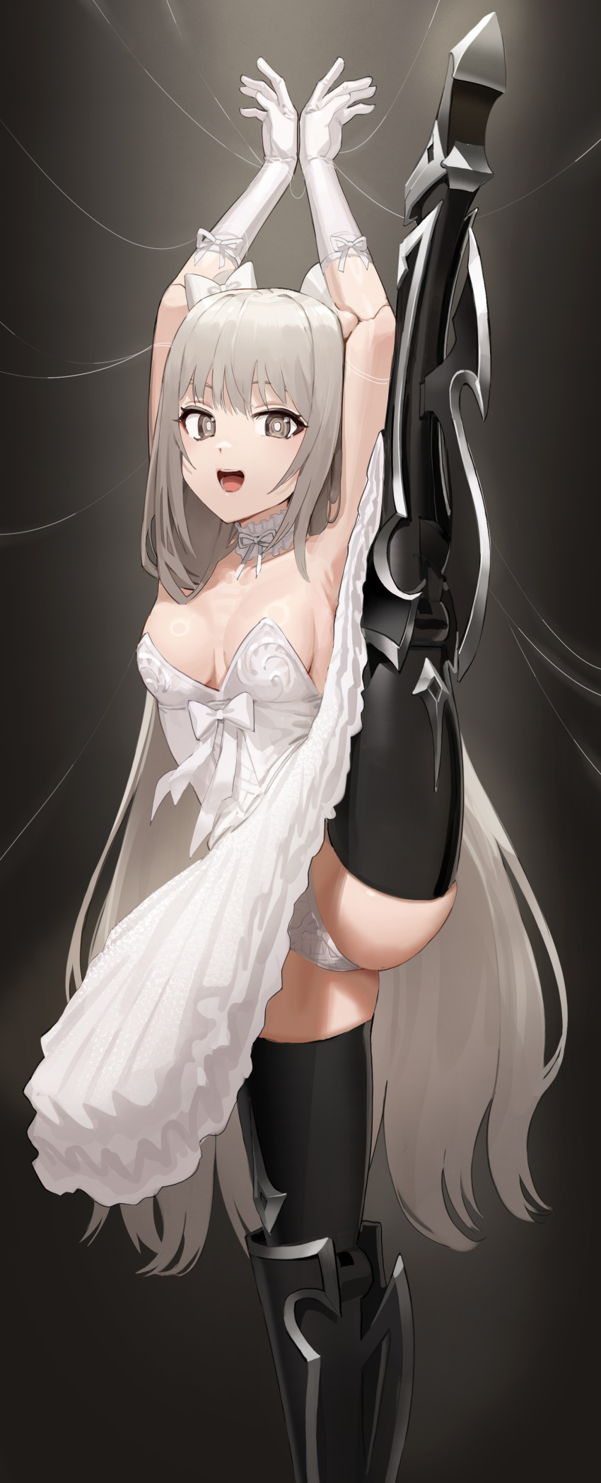 1girl absurdres armor armpits arms_up ass bare_shoulders black_survival black_thighhighs bound bound_wrists breasts bright_pupils choker doll_joints dress eternal_return:_black_survival gloves goback greaves grey_eyes grey_hair highres joints leg_up long_hair looking_at_viewer medium_breasts nina_(black_survival) open_mouth panties puppet smile solo split standing standing_on_one_leg standing_split strapless strapless_dress string thighhighs underwear very_long_hair white_choker white_dress white_gloves white_panties