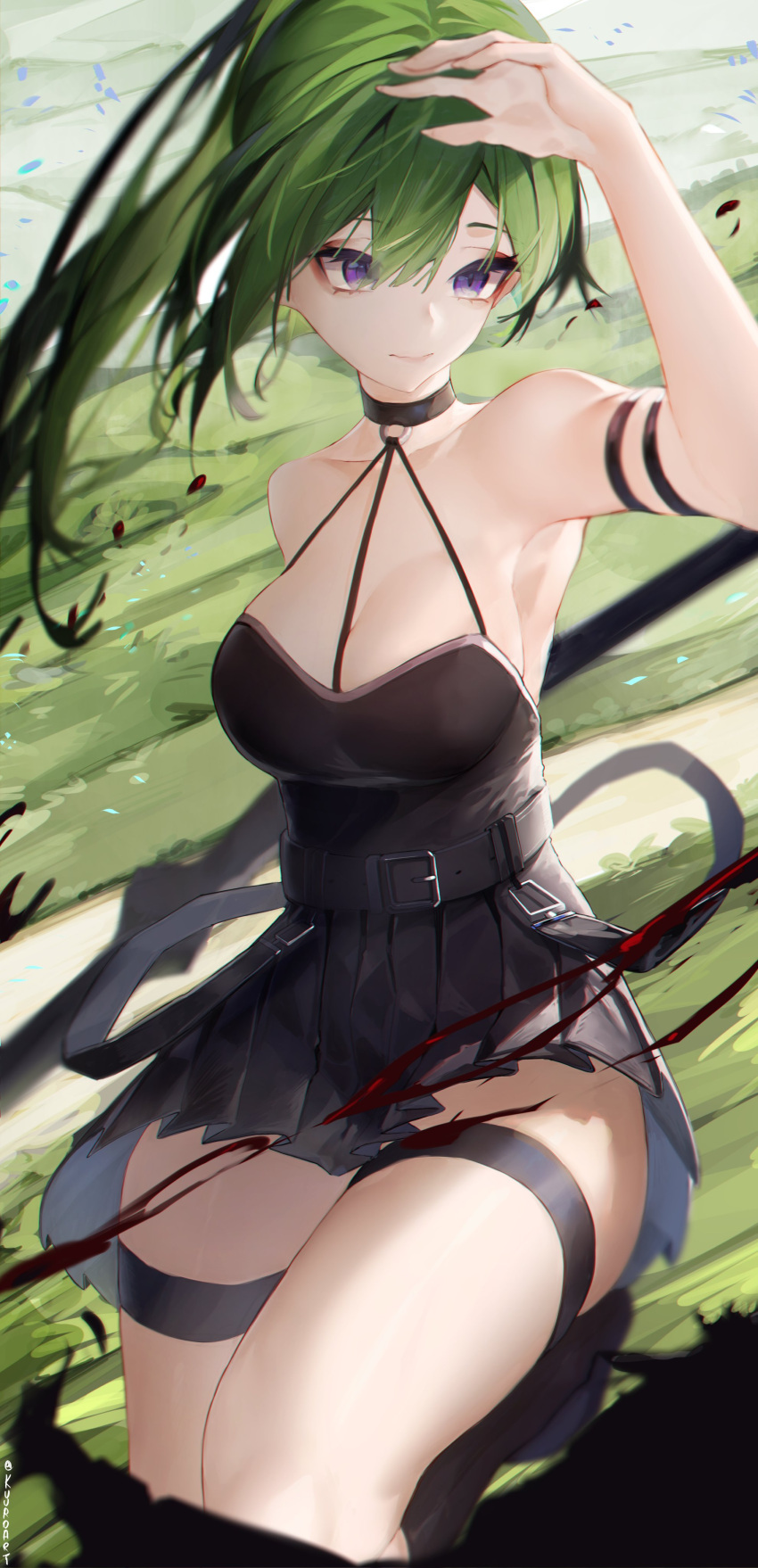 1girl absurdres arm_strap arm_up bare_arms bare_shoulders belt black_(blackfallsensei) black_belt black_choker black_dress breasts choker commentary dress green_hair halter_dress halterneck highres long_hair looking_at_viewer medium_breasts pleated_dress ponytail purple_eyes short_dress sleeveless sleeveless_dress solo sousou_no_frieren thigh_strap thighs ubel_(sousou_no_frieren)