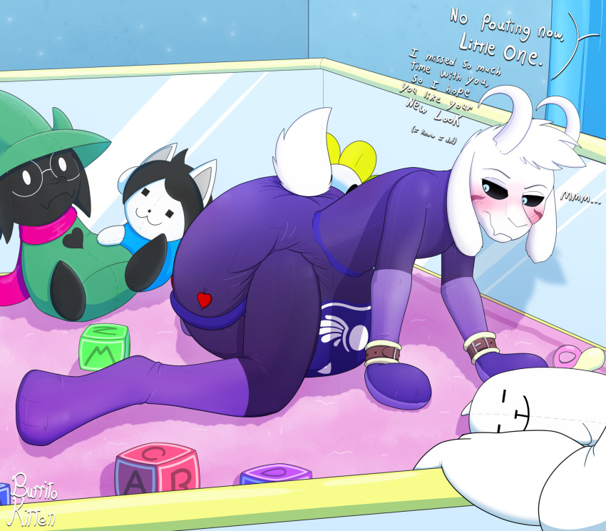 ambiguous_gender anthro asriel_dreemurr big_diaper black_sclera block blush bovid burritokitten caprine clothing deltarune dialogue diaper flowey_the_flower goat hi_res mammal mitts onesie pacifier playpen plushie ralsei solo undertale undertale_(series)