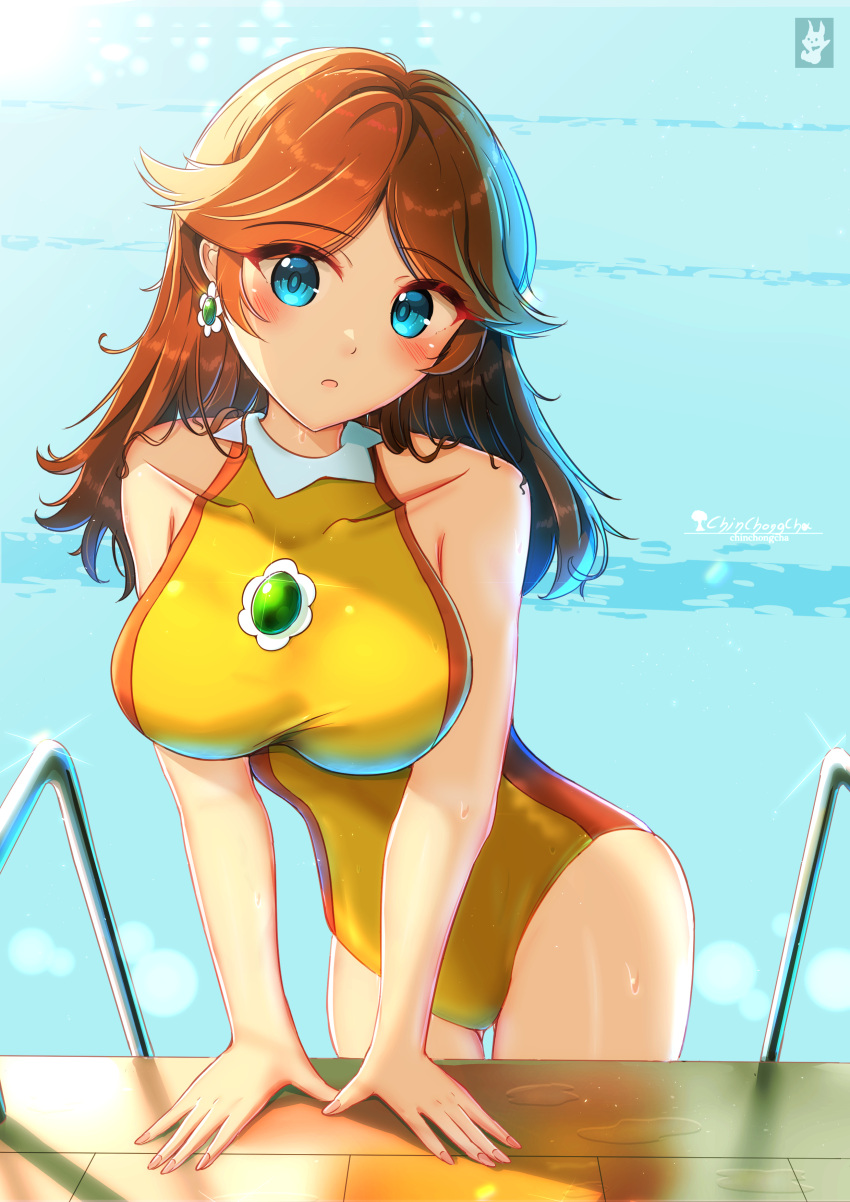 1girl absurdres bare_arms blue_eyes breasts brown_hair chinchongcha competition_swimsuit earrings flower_earrings highres impossible_clothes jewelry long_hair looking_at_viewer mario_(series) one-piece_swimsuit pool princess_daisy solo swimsuit water