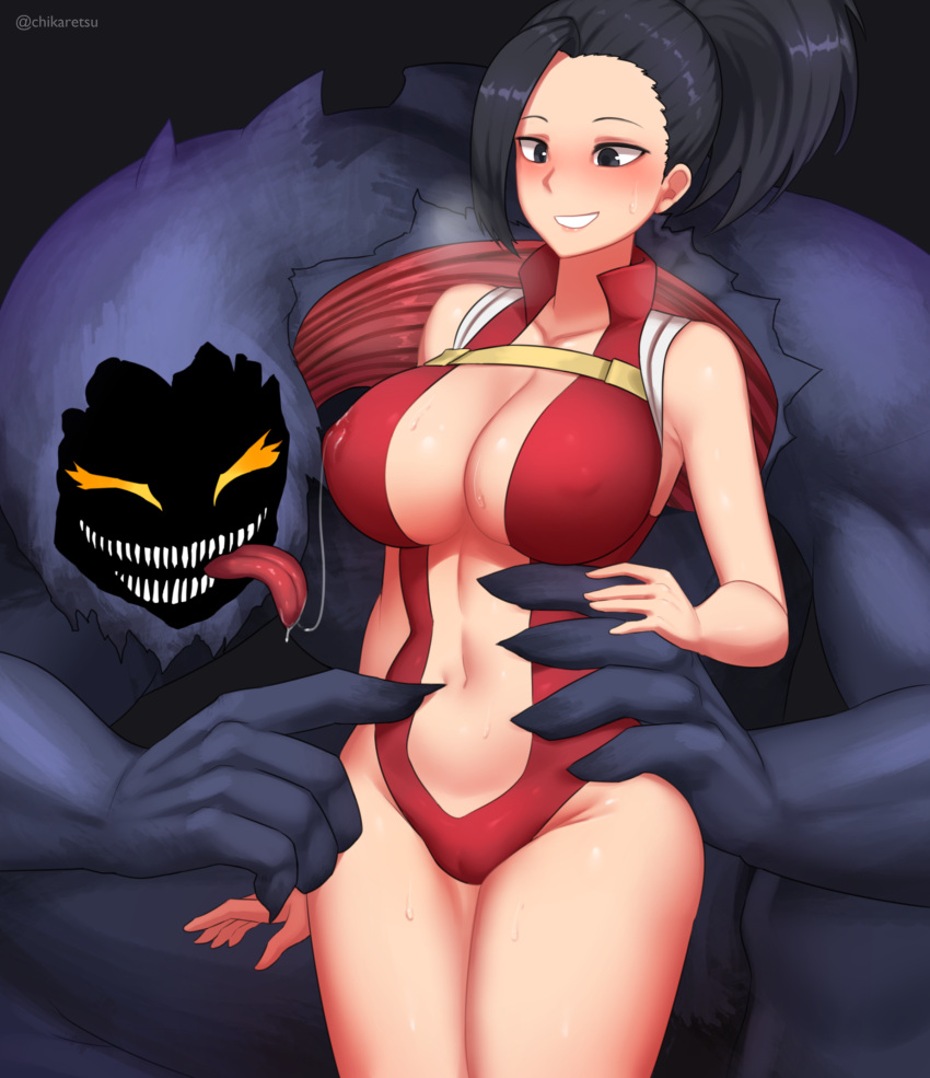 big_breasts black_hair blush bodily_fluids breasts chikaretsu clothed clothing digital_media_(artwork) duo female hair hi_res human humanoid interspecies male male/female mammal momo_yaoyorozu monster my_hero_academia nipples nomu one-piece_swimsuit open_mouth saliva saliva_on_breasts saliva_string simple_background smile swimwear teeth tongue