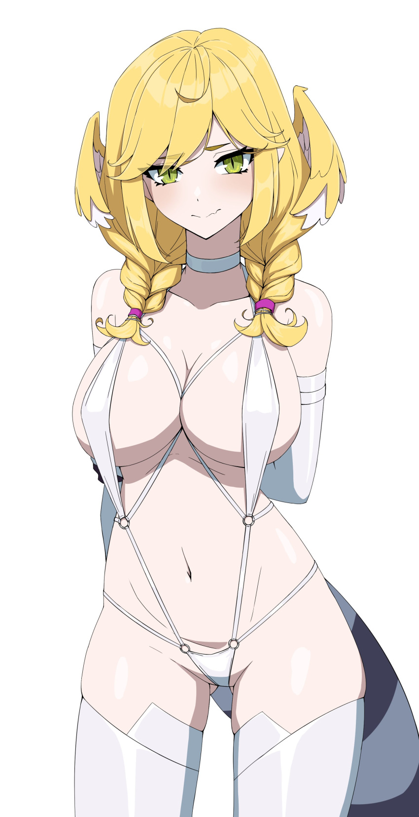 1girl absurdres alternate_eye_color alternate_hair_color blonde_hair braid breasts choker cleavage cowboy_shot daydarion elbow_gloves gloves green_eyes head_wings highres huge_breasts long_hair navel nijisanji nijisanji_en selen_tatsuki slingshot_swimsuit slit_pupils solo swimsuit tail thighhighs twin_braids virtual_youtuber white_choker white_gloves white_slingshot_swimsuit white_thighhighs wings