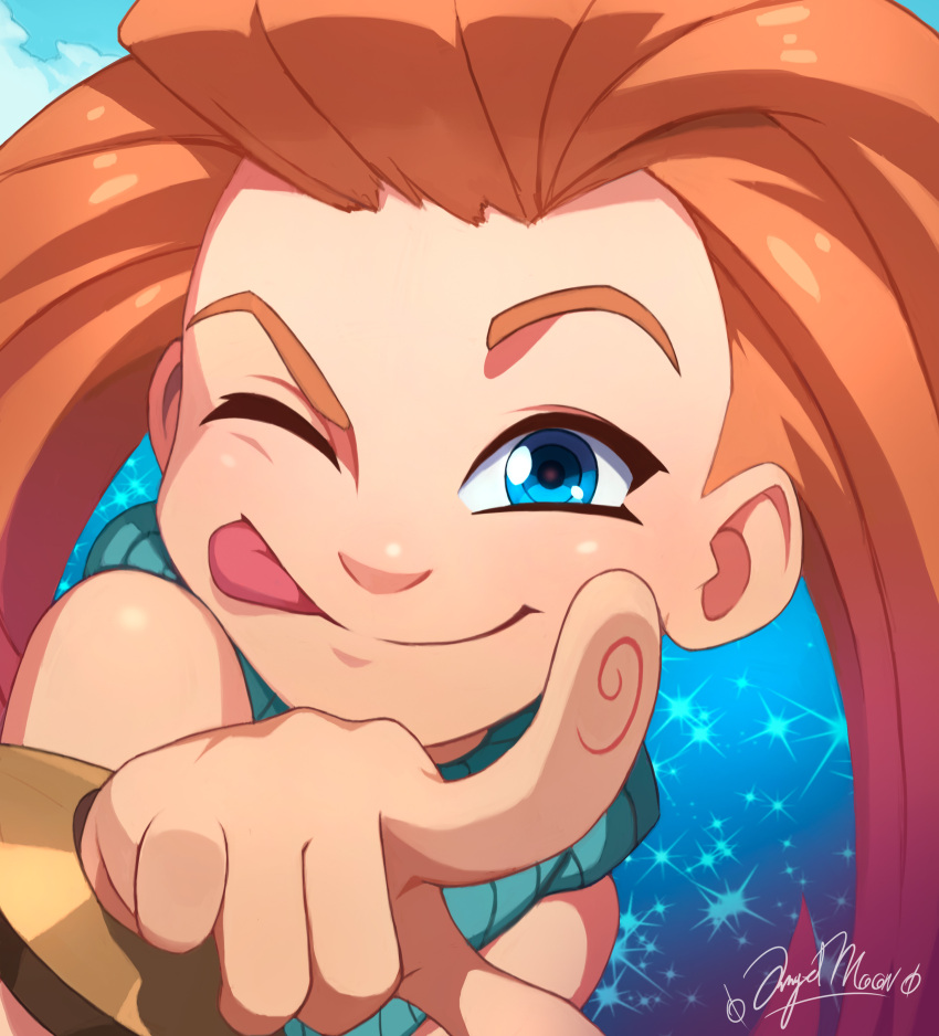 1girl :p ;p absurdres angelmoonlight artist_name blue_background blue_eyes brown_hair closed_mouth hand_up highres league_of_legends long_hair one_eye_closed red_hair shiny_skin smile solo tongue tongue_out zoe_(league_of_legends)