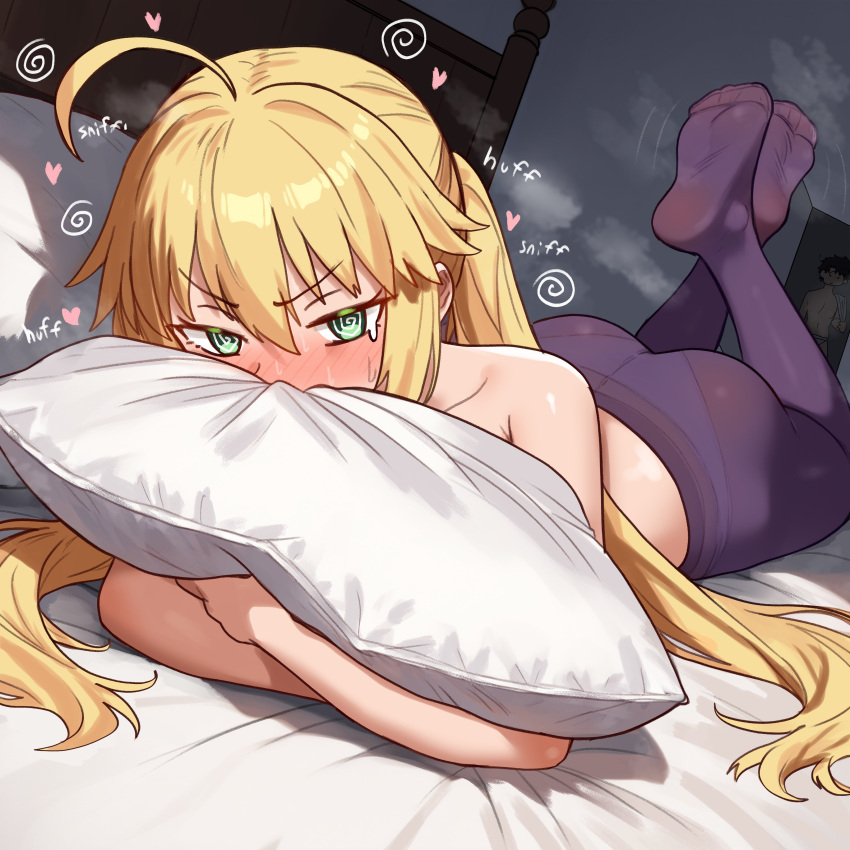 1girl @_@ absurdres ahoge artoria_caster_(fate) artoria_pendragon_(fate) blonde_hair blush ebora fate/grand_order fate_(series) feet feet_up green_eyes highres long_hair lying no_shoes on_stomach pantyhose pillow purple_pantyhose soles solo toes twintails