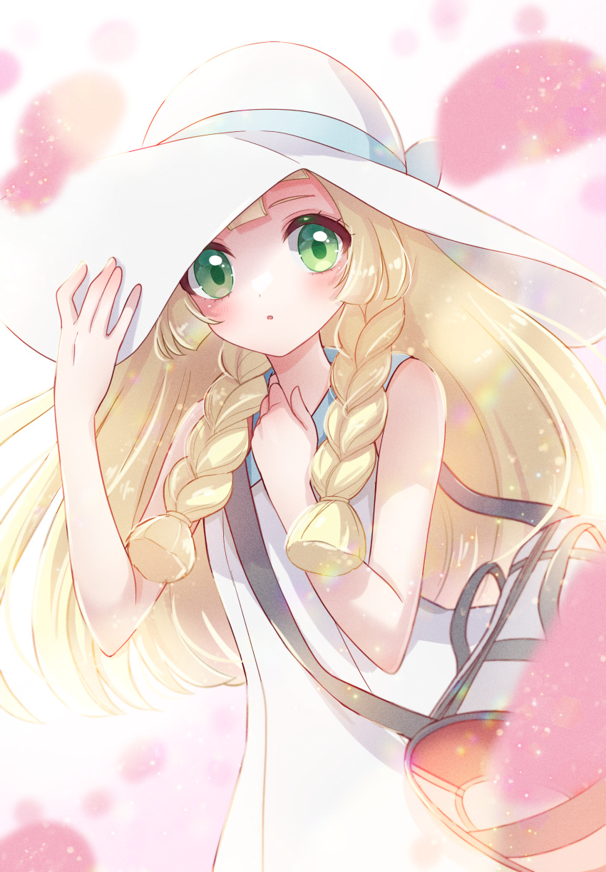 025sakura393 1girl bag blonde_hair blush braid collared_dress commentary_request dress duffel_bag eyelashes green_eyes hand_on_headwear hands_up hat highres lillie_(pokemon) long_hair looking_at_viewer pokemon pokemon_sm sleeveless sleeveless_dress solo sun_hat twin_braids white_dress white_hat