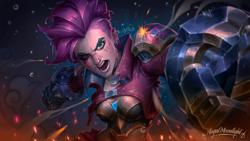 1girl absurdres angelmoonlight armor artist_name black_background breasts crop_top embers gauntlets gem green_eyes highres league_of_legends long_hair looking_at_viewer medium_breasts nose_piercing nose_ring open_mouth piercing pink_hair solo teeth undercut upper_body vi_(league_of_legends)